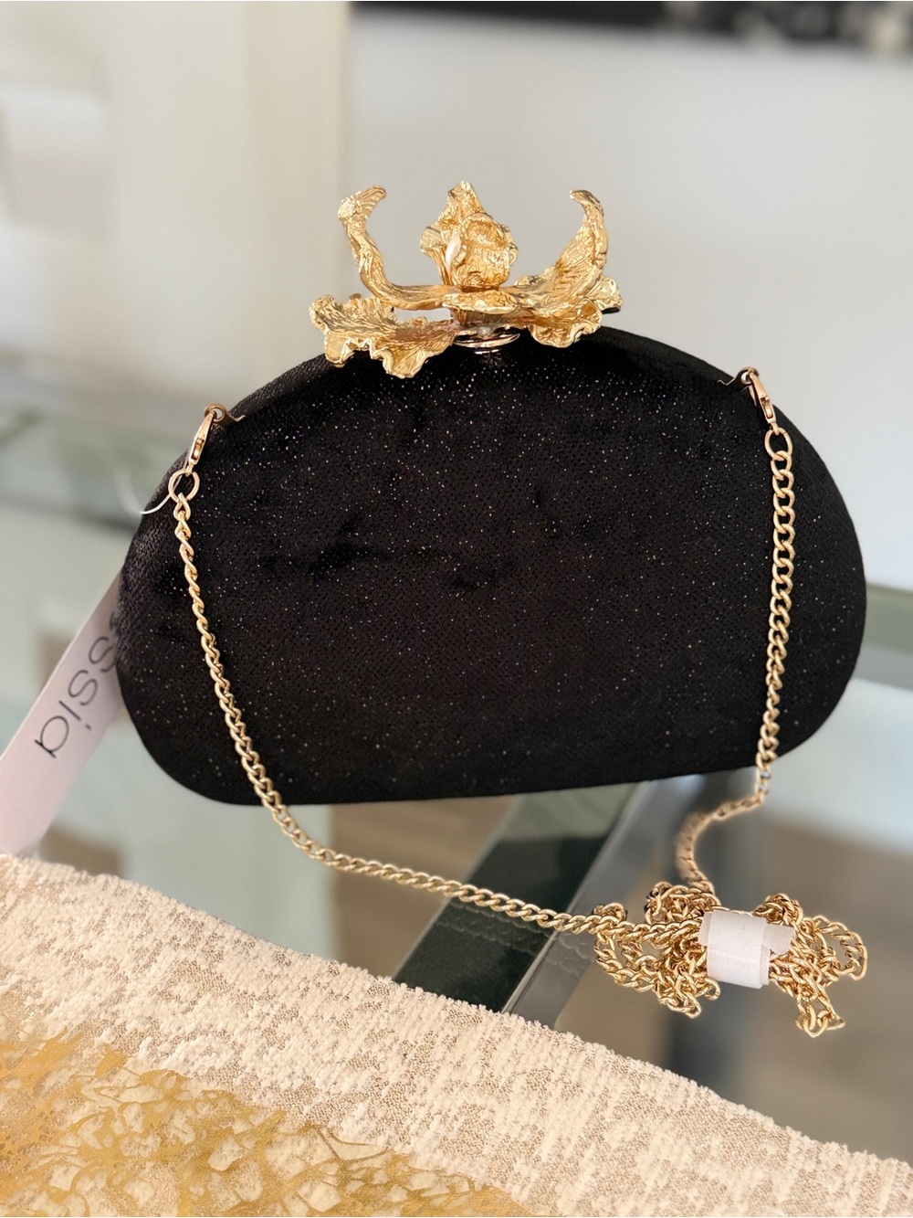 NWT Alessia Suede Evening Purse with Gold Floral Clasp and Pearl, Very Rare!